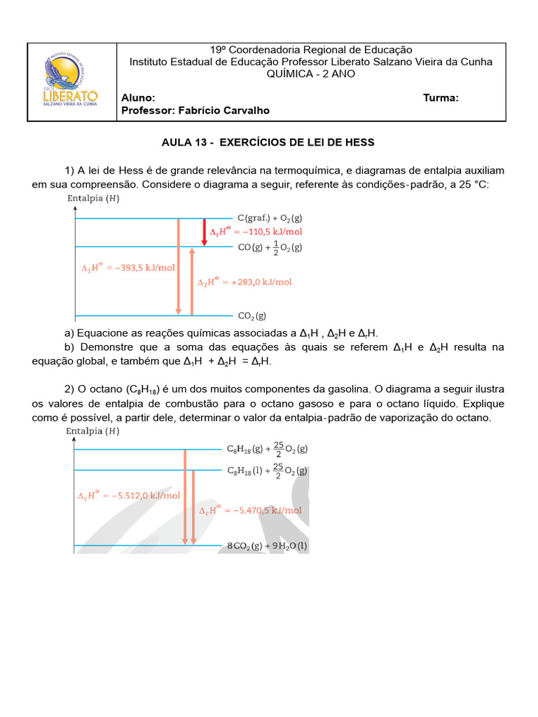Exercícios sobre a Lei de Hess em Química | PDF