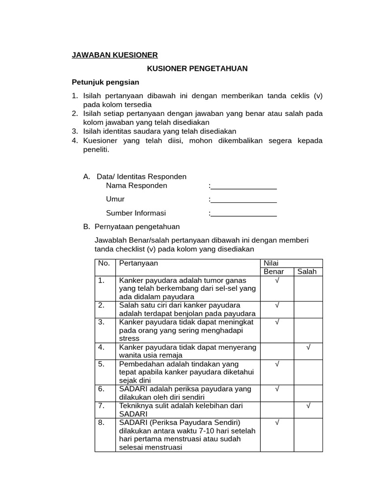 Kuesioner Pengetahuan Kanker Payudara | PDF