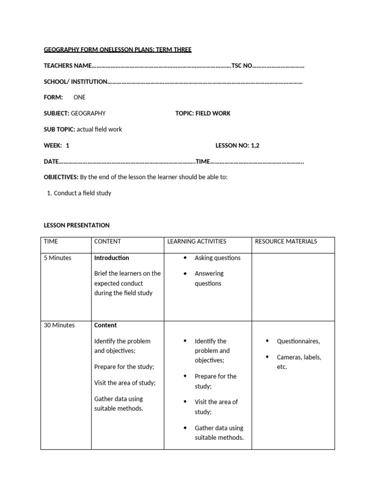 Geography Form One Lesson Plans | PDF | Lesson Plan | Rock (Geology)