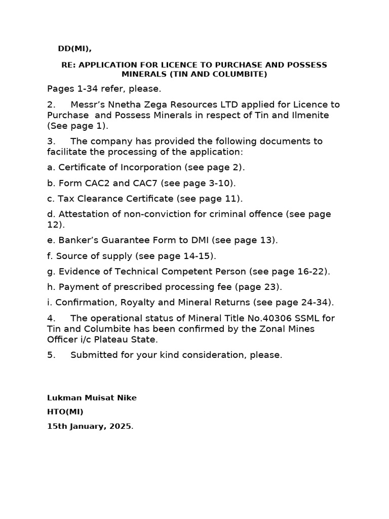 Licence Application for Tin and Columbite | PDF