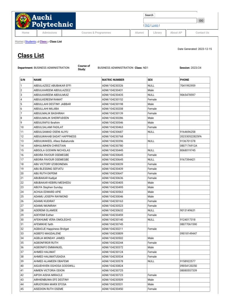 Auchi Polytechnic ND1 Class List 2023/24 | PDF | Freedom Of Expression Law