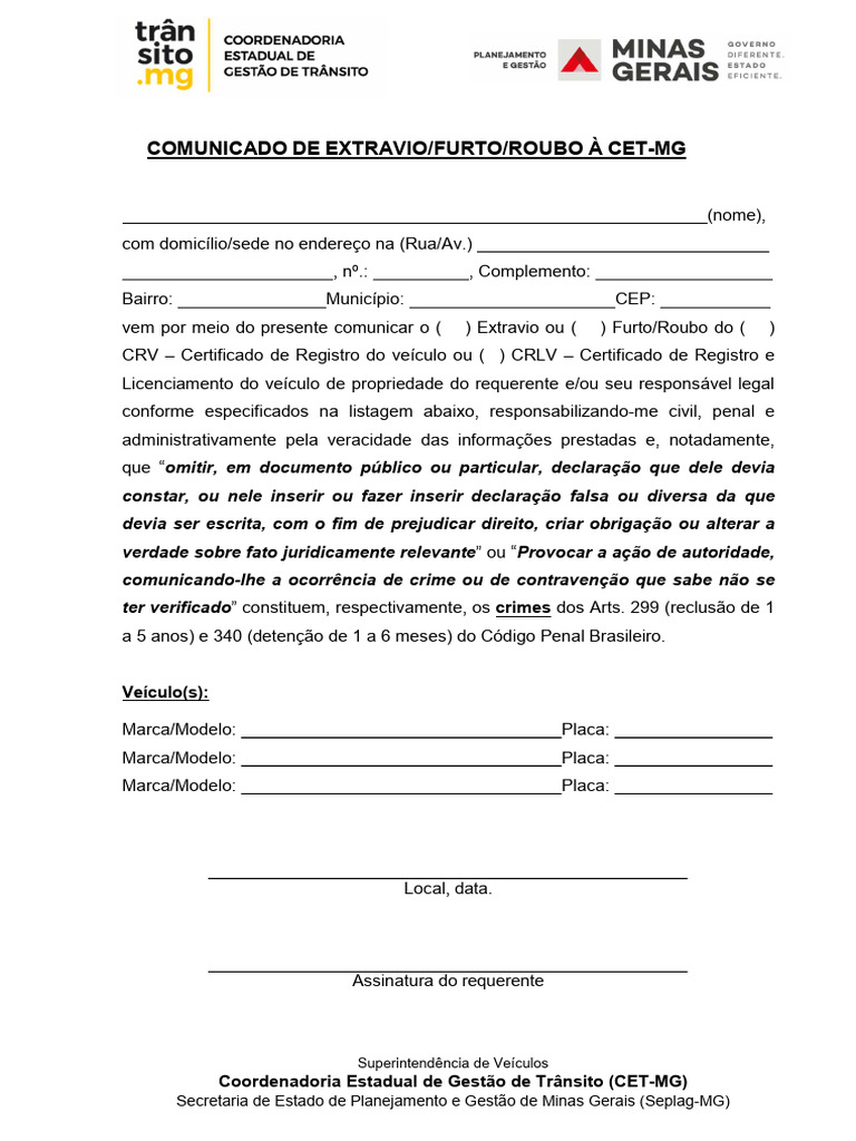 Comunicado de Extravio de Veículo CET-MG | PDF