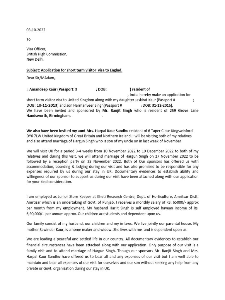Sample Cover Letter and Additional Informationfor Uk Visa | PDF ...