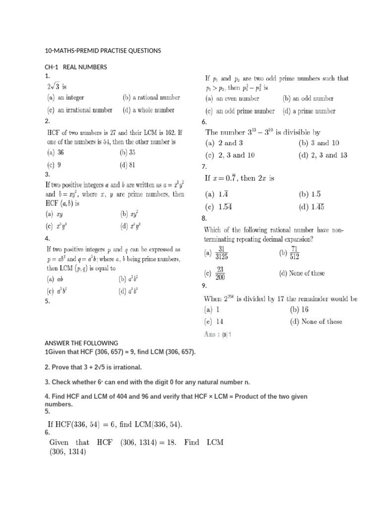 10-Maths-Premid Practise Questions-1 | PDF