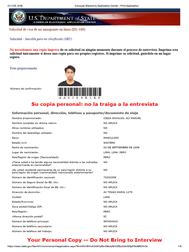 Consular Electronic Application Center Print ApplicationALI PDF