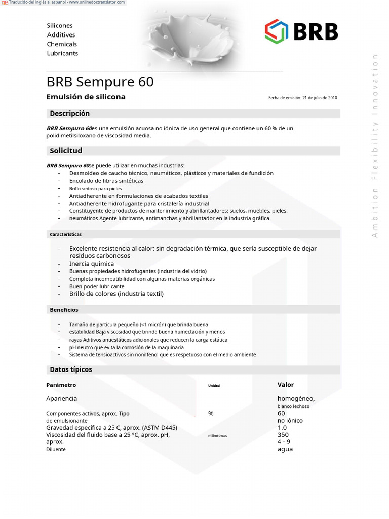 BRB Sempure 60 - TDS - En.es | PDF | Textiles | Sustancias químicas