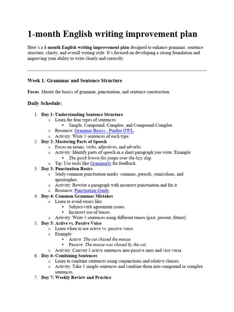 1-Month English Writing Plan | PDF | Language Mechanics | Syntax