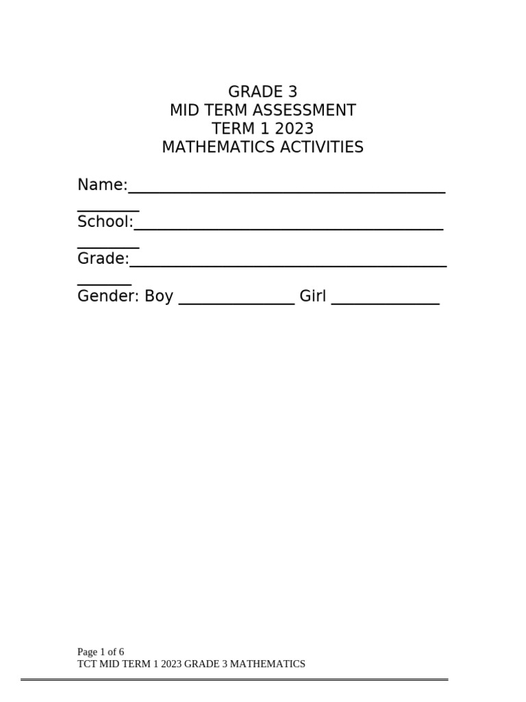 Grade 3 Mid Term Math Assessment 2023 | PDF