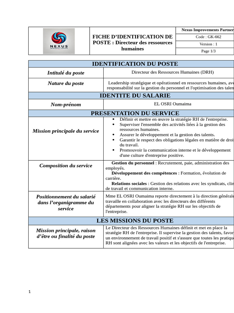 Fiche de Poste : Directeur RH | PDF | Gestion des ressources humaines ...