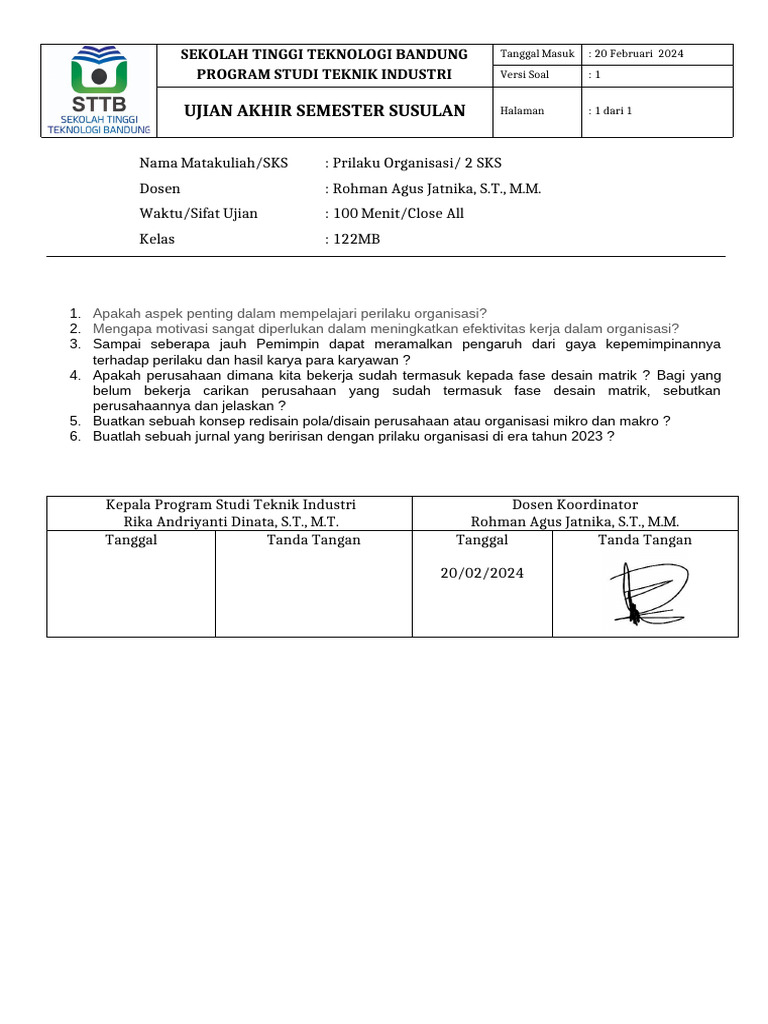 Pak Rohman Perilaku Organisasi UAS SUSULAN Kls 122MB | PDF