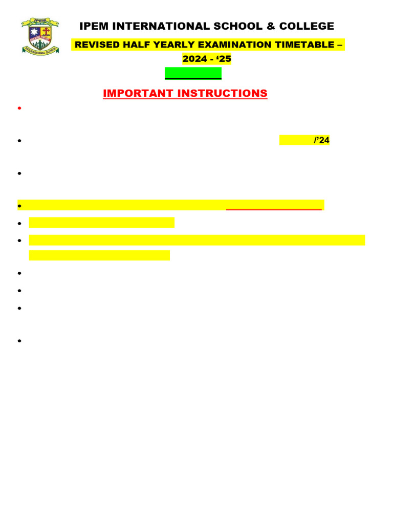 Class 11 Half-Yearly Exam Timetable 2024 | PDF | Educational Stages ...