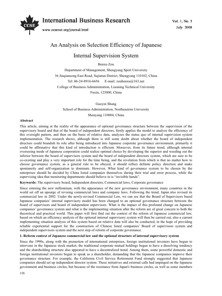 Efficiency of Japan's Internal Supervision | PDF | Governance ...