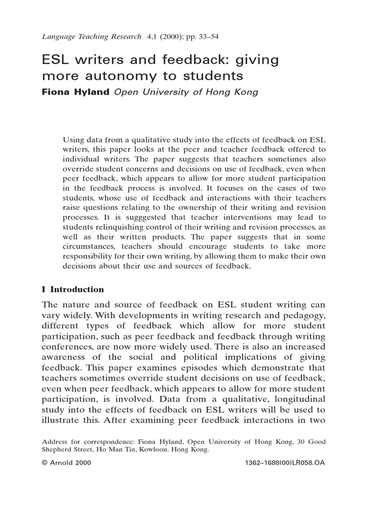 ESL Writers: Autonomy in Feedback | PDF | English As A Second Or ...