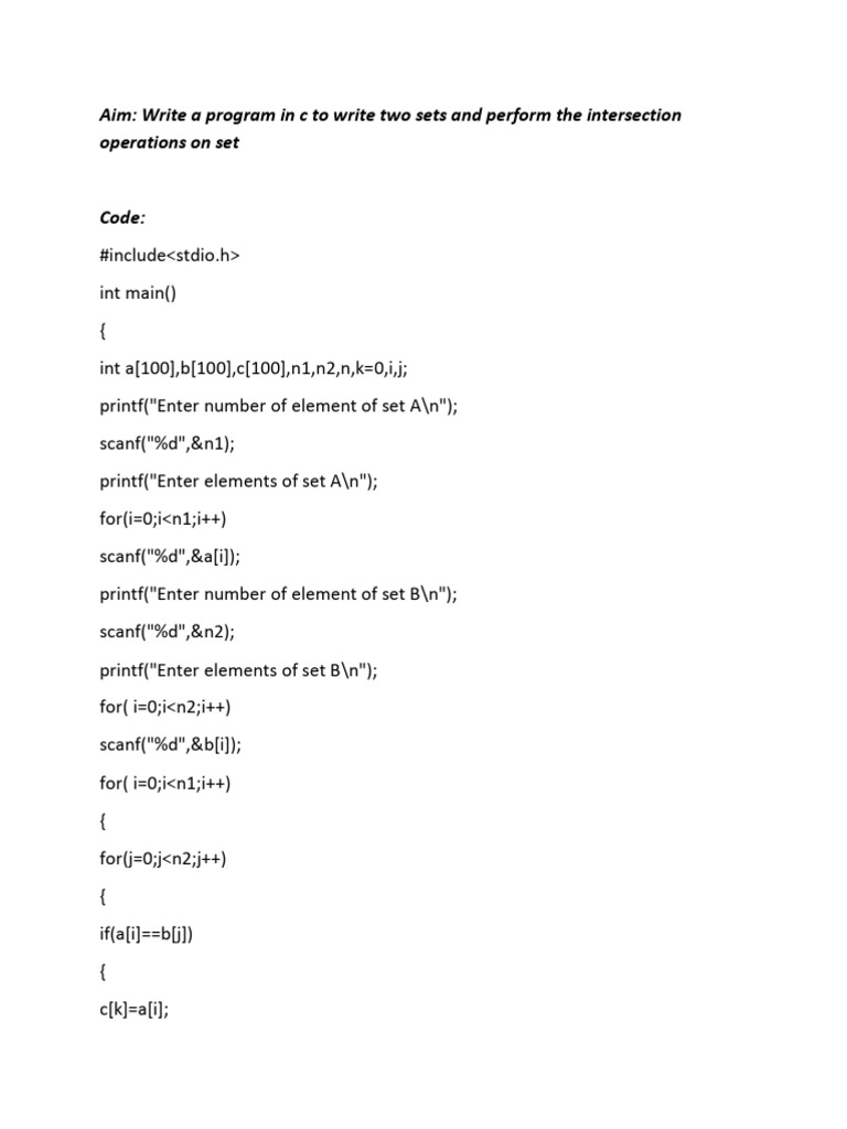 C Program for Set Intersection Operation | PDF