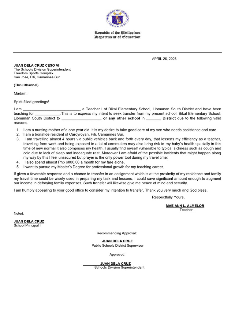 Letter to transfer pdf