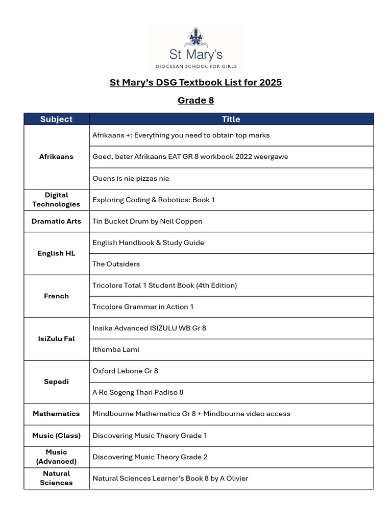 St Mary’s DSG Grade 8 Textbook List 2025 | PDF | Mathematics