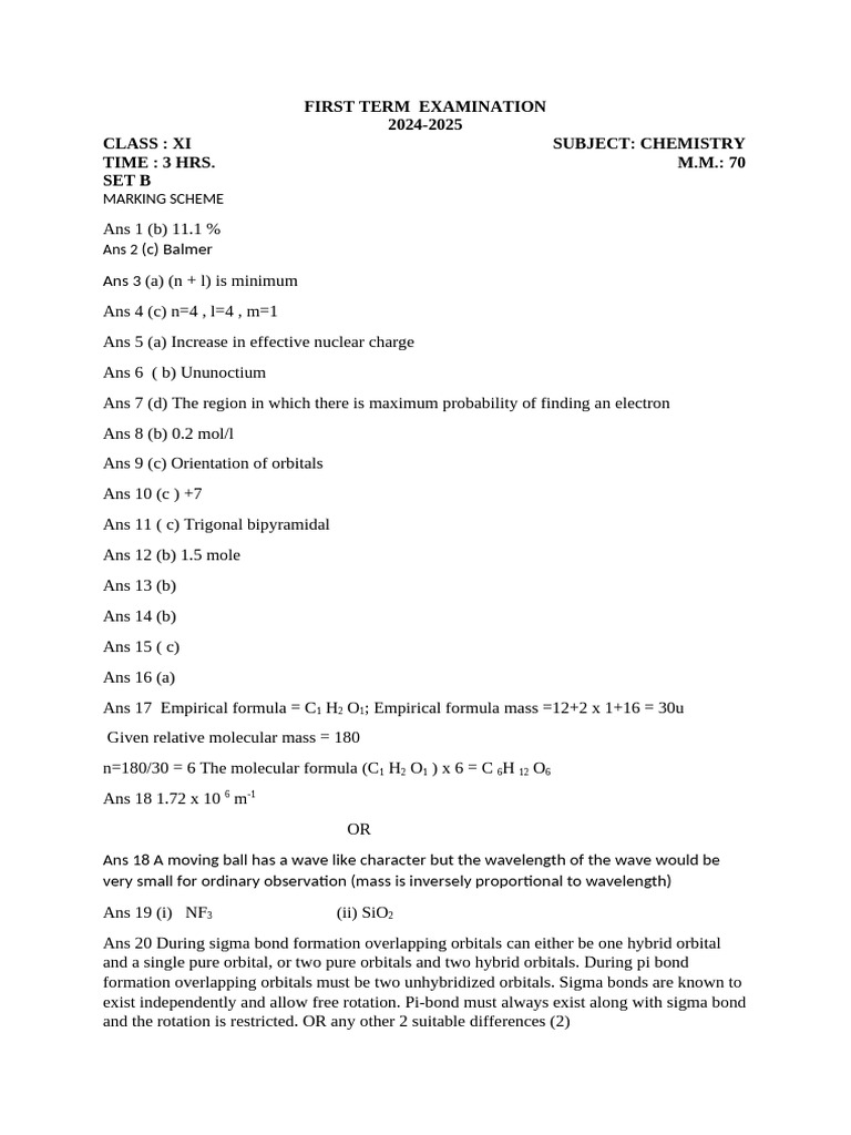 Class XI Chemistry Term Exam 2024-25 | PDF | Covalent Bond | Chemical ...