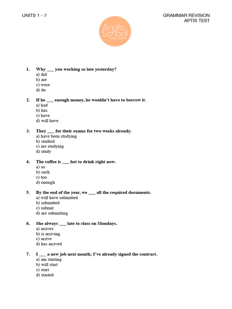 Aptis Test Grammar Revision Units 1-7 | PDF