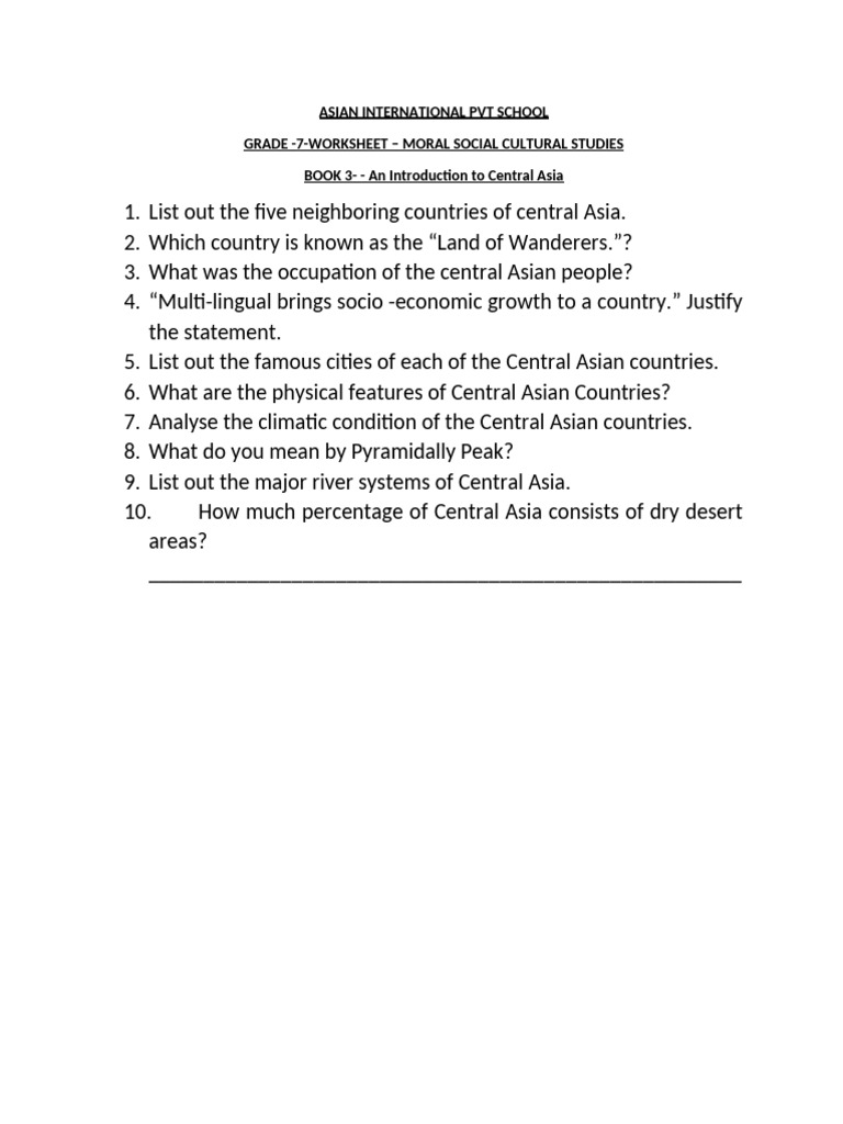 Central Asia: Grade 7 Worksheet Guide | PDF