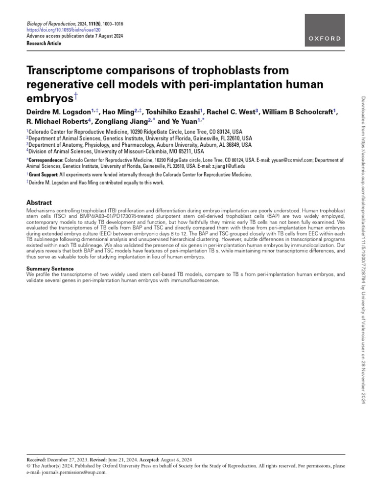 Trophoblast Transcriptome Analysis in Models | PDF | Embryonic Stem ...