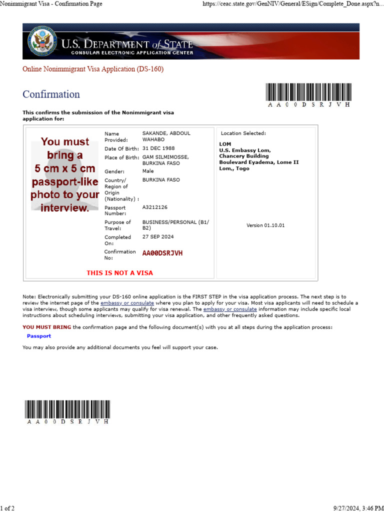 Nonimmigrant Visa - Confirmation Page | PDF | Travel Visa | Fingerprint