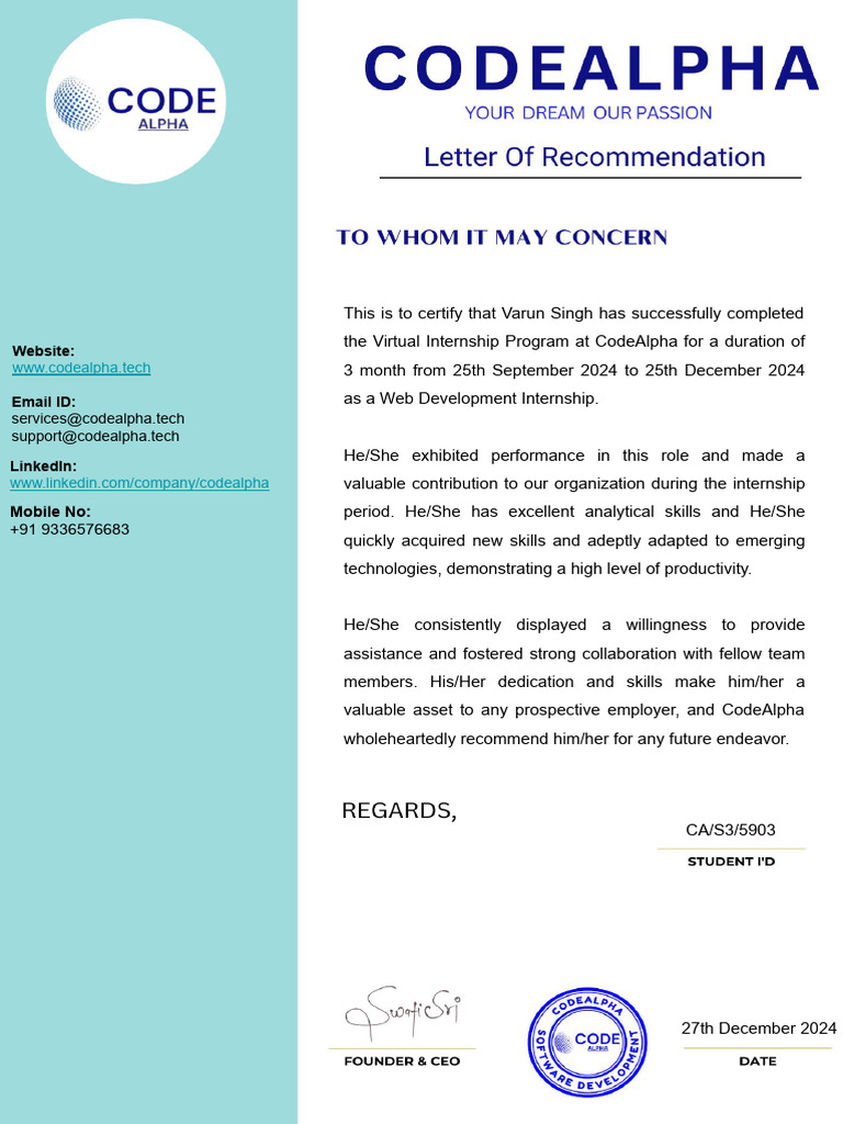 Varun Singh's Web Dev Internship Certificate | PDF