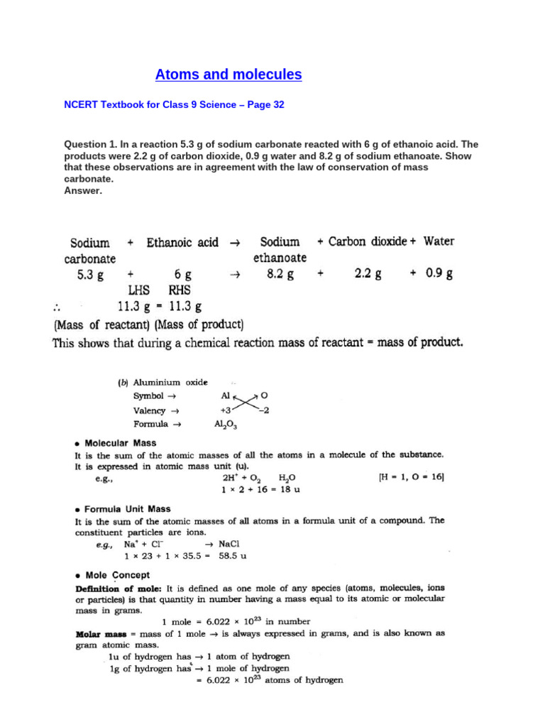 Class 9 Science: Atoms & Molecules Guide | PDF | Mole (Unit) | Carbonate