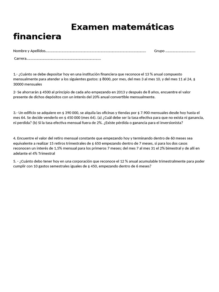 Examen 2do Parcial Matemáticas Financiera 1 | PDF