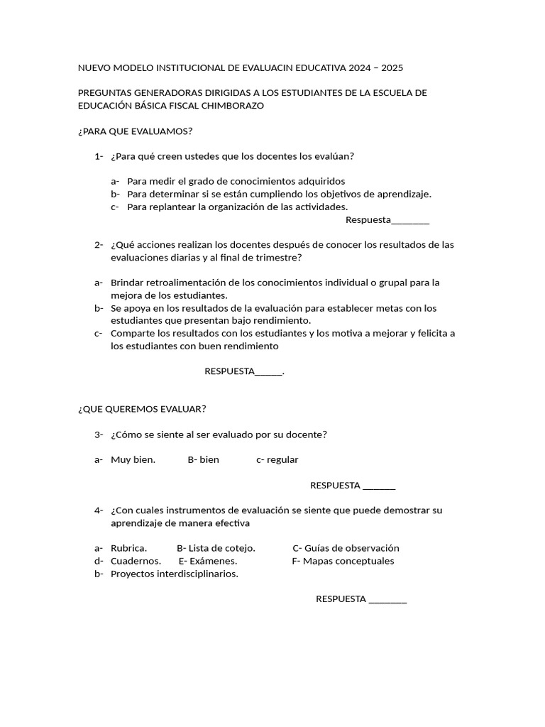 NUEVO MODELO INSTITUCIONAL DE EVALUACIN EDUCATIVA 2024 (Niños | PDF ...