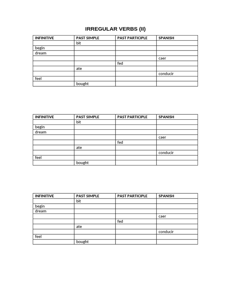 Irregular Verbs (Ii) : Bit Begin Dream Caer Fed Ate Conducir Feel ...