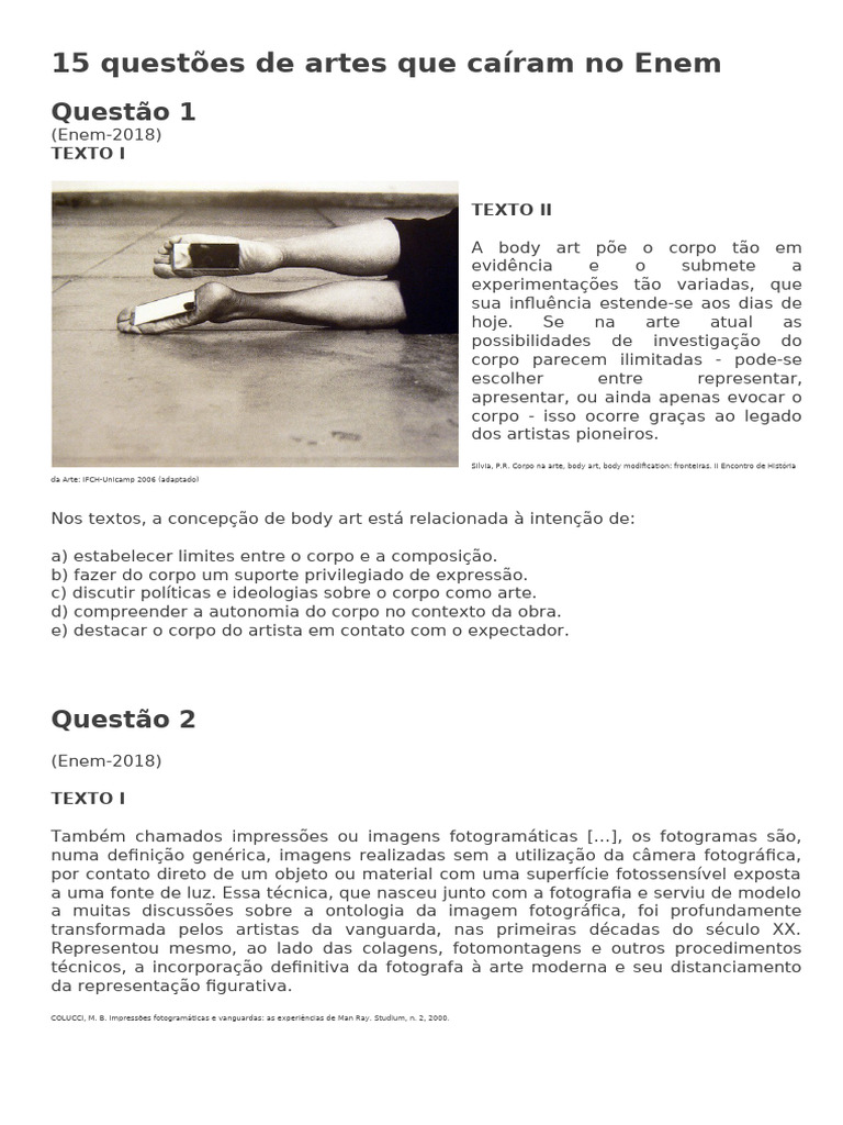 Questões de Artes no ENEM: 15 Exemplos | PDF | Imagem | Educação em ...