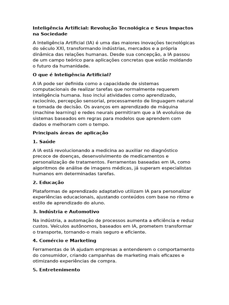 Impactos da Inteligência Artificial na Sociedade | PDF | Inteligência ...