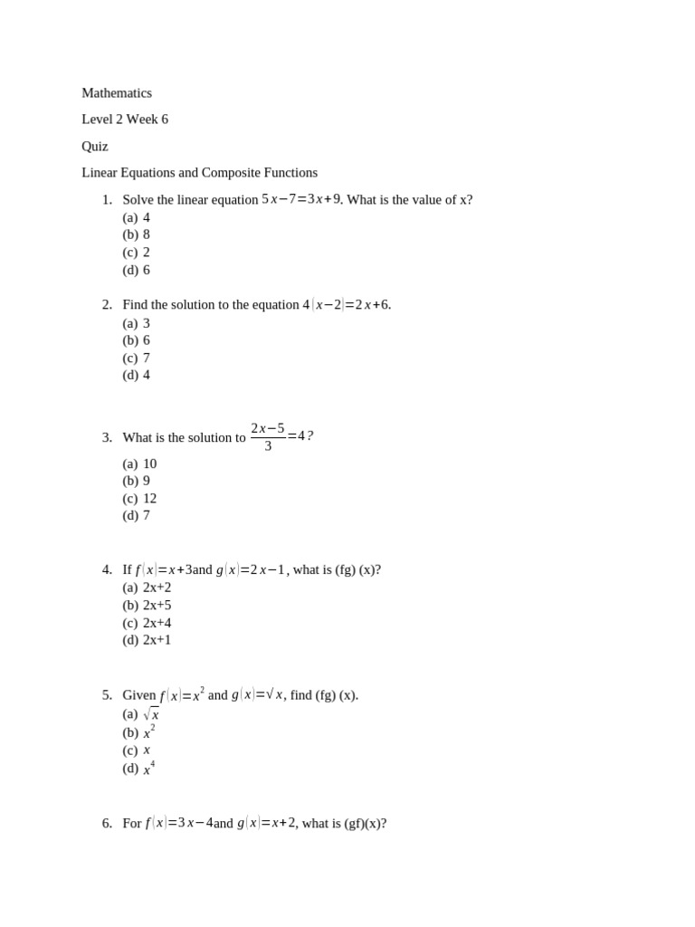 Level 2 Math Quiz: Linear Equations | PDF