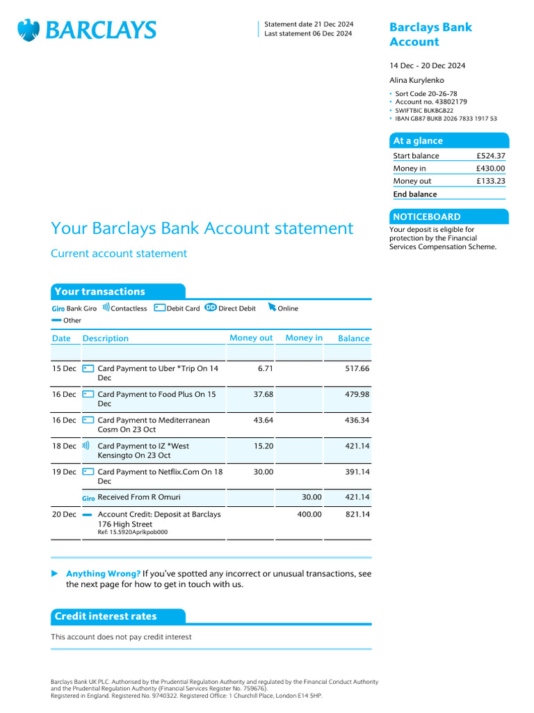 Statement 21 DEC 24 AC 43802179 | PDF | Banks | Debit Card