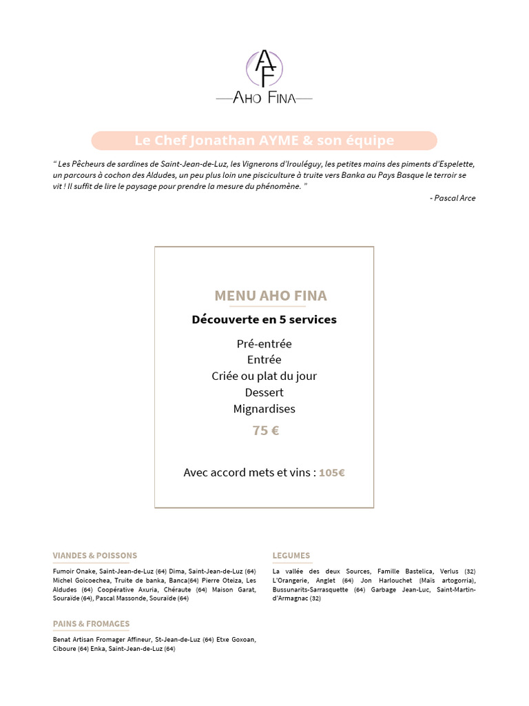 Menu Gastronomique du Chef Jonathan AYME | PDF | sauce | Nourritures