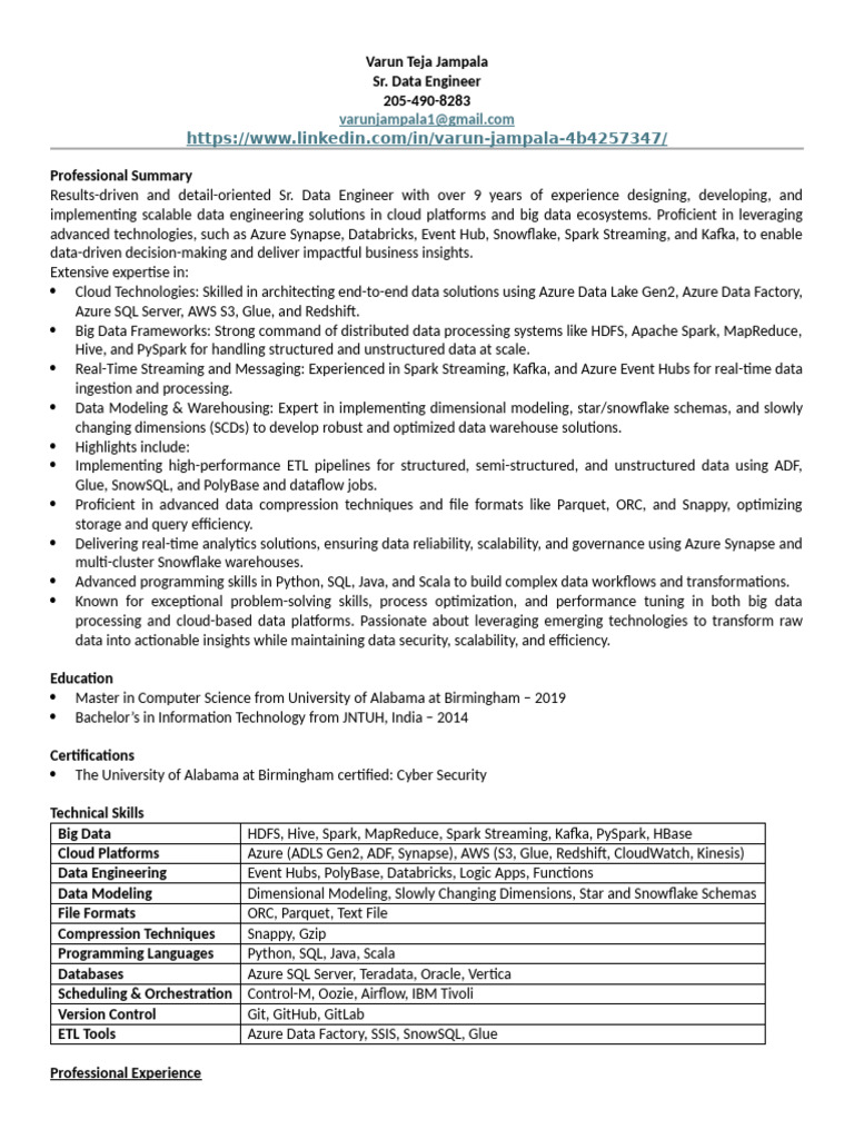 Senior Data Engineer Profile Summary | PDF | Apache Spark | Apache Hadoop
