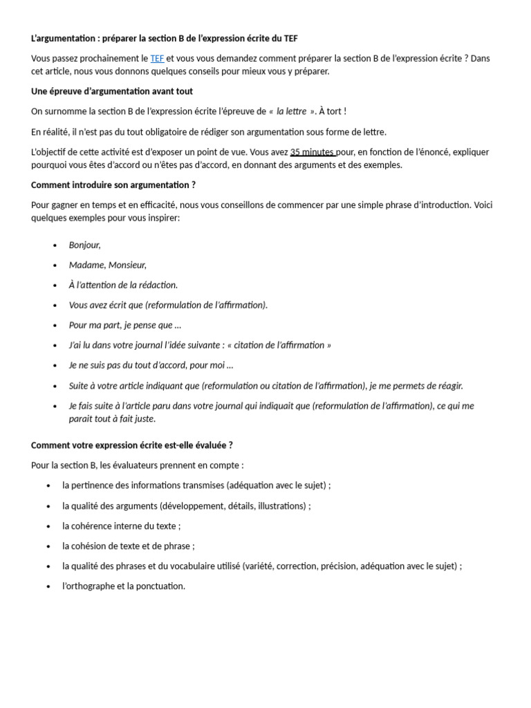 Préparer la section B du TEF : conseils clés | PDF