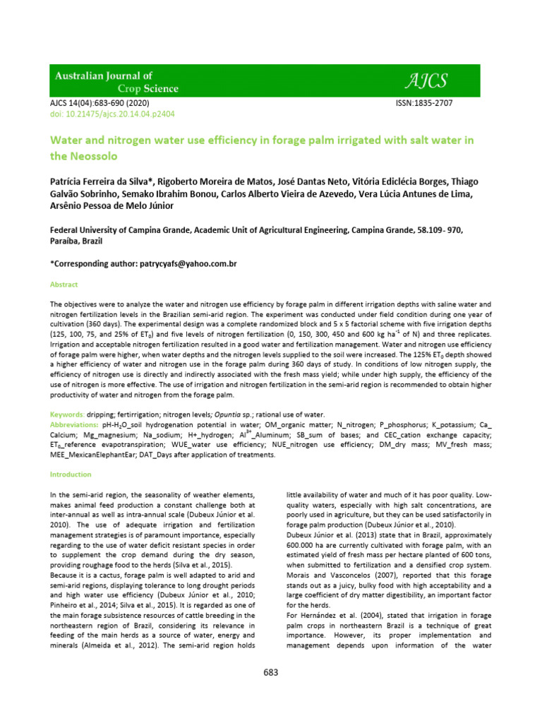 Water and Nitrogen Efficiency in Forage Palm | PDF | Soil | Fertilizer