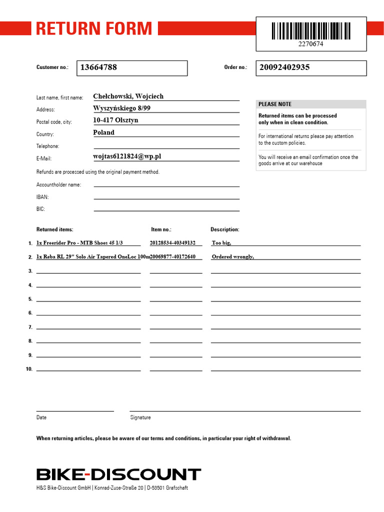 Return Form for H&S Bike-Discount | PDF