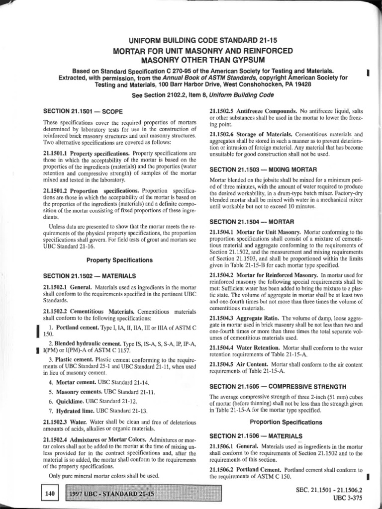 UBC Standard 21.15: Mortar Specifications | PDF | Lime (Material) | Cement