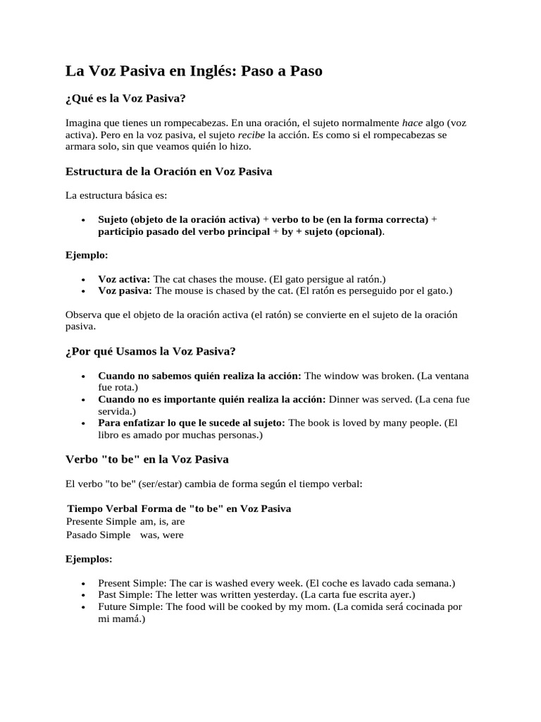Guía de Voz Pasiva en Inglés | PDF | Verbo | Asunto (gramática)