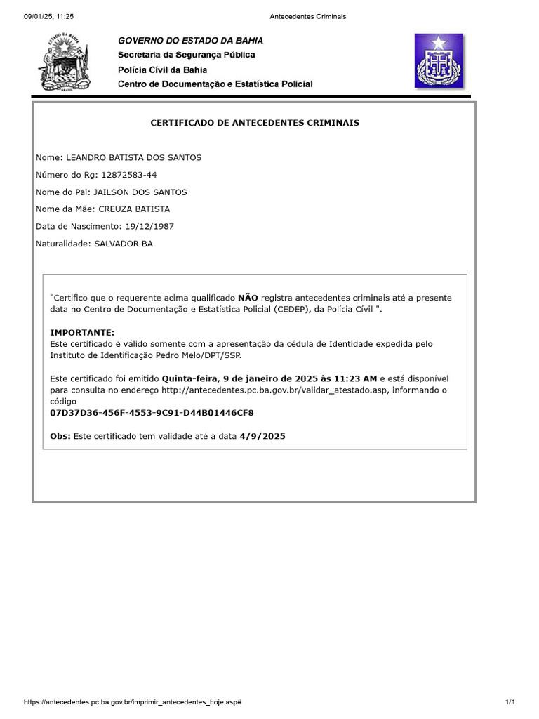 Atestado de Bons Antecedentes Criminais | PDF