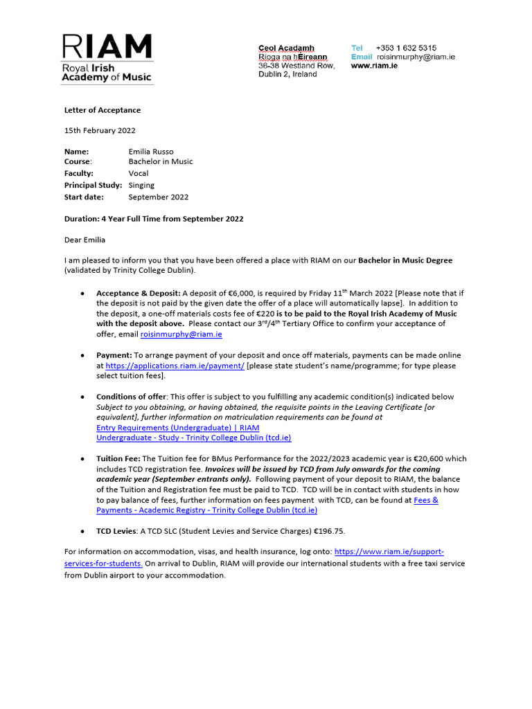 RIAM Bachelor in Music Acceptance Letter | PDF | Fee | Higher Education