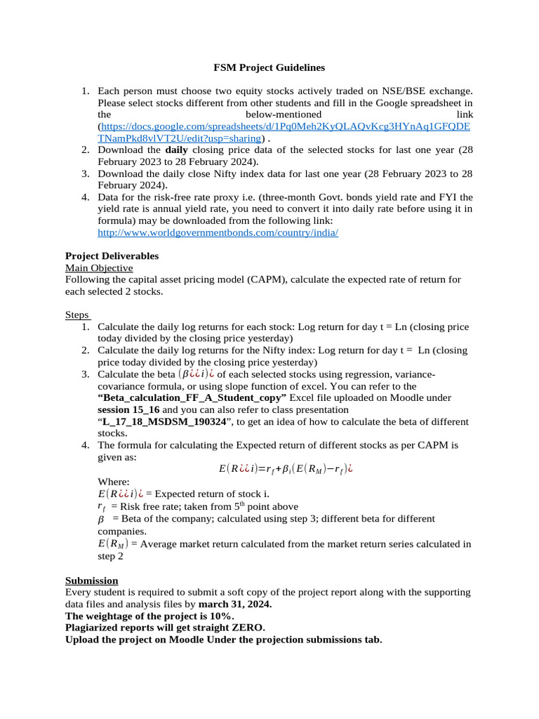 FSM Project: CAPM Stock Analysis Guide | PDF | Beta (Finance) | Capital ...