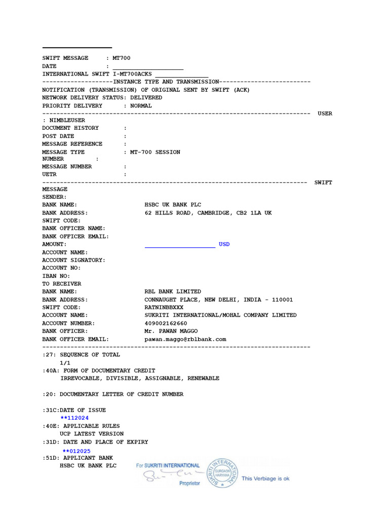 MT700 Documentary Letter of Credit | PDF