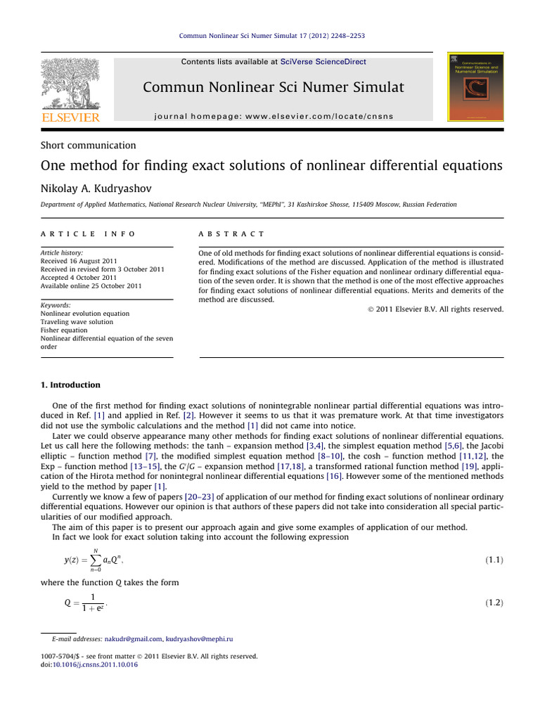 Commun Nonlinear Sci Numer Simulat: Nikolay A. Kudryashov | PDF ...