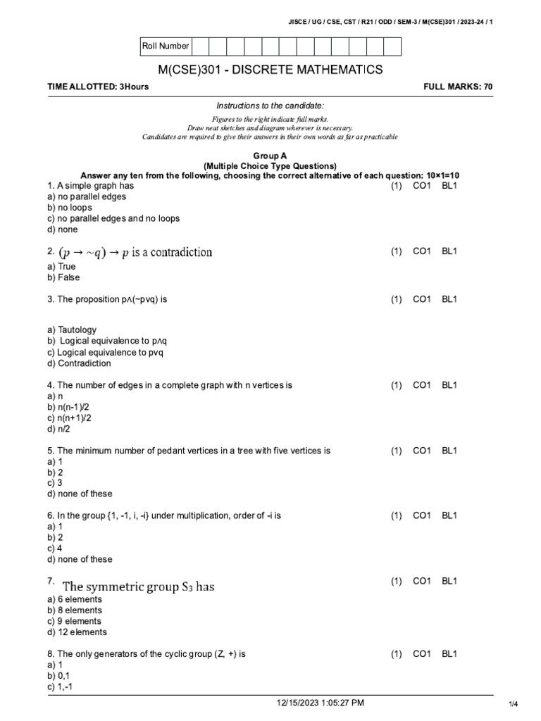 Cse - 3 - M (Cse) 301 - Discrete Mathematics - R21 | PDF