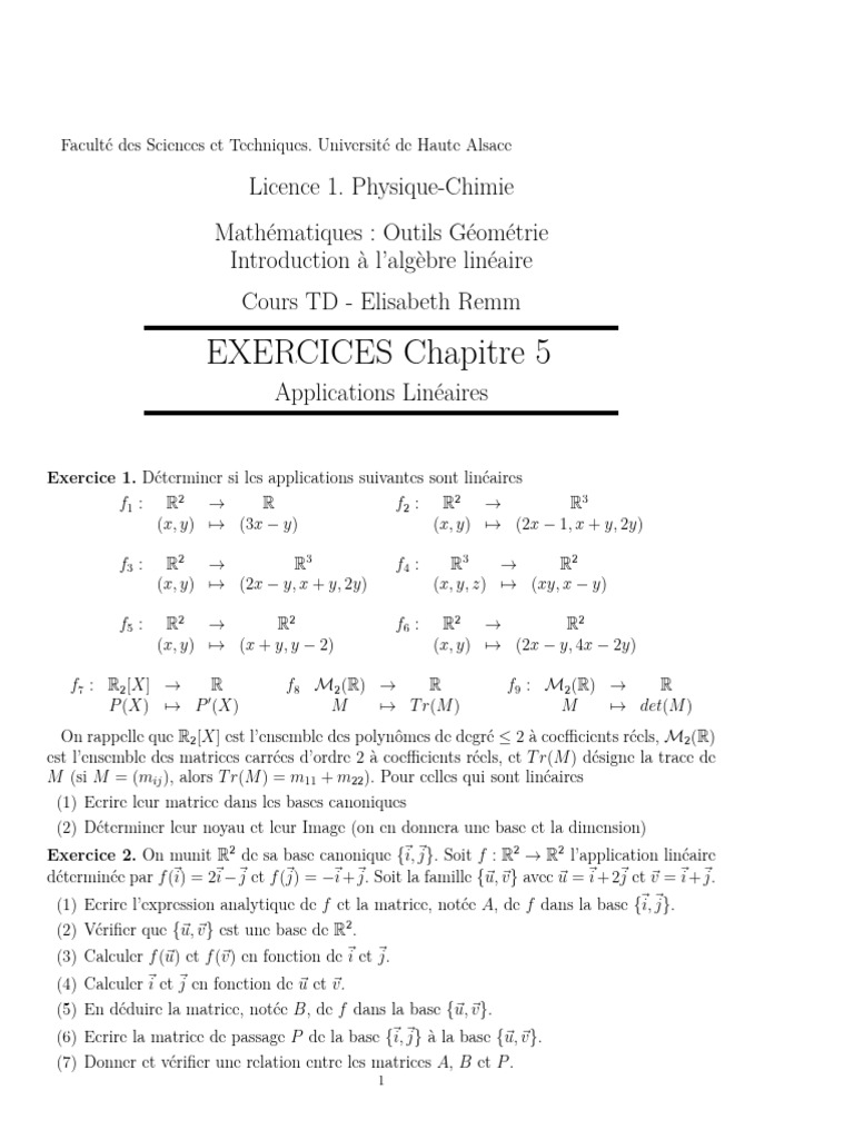 Exercices sur les Applications Linéaires | PDF | Matrice (Mathématiques ...