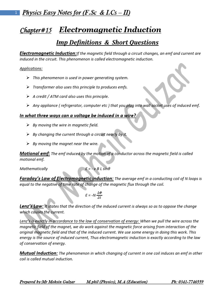 Electromagnetic Induction Notes for F.Sc & I.Cs | PDF | Electromagnetic ...