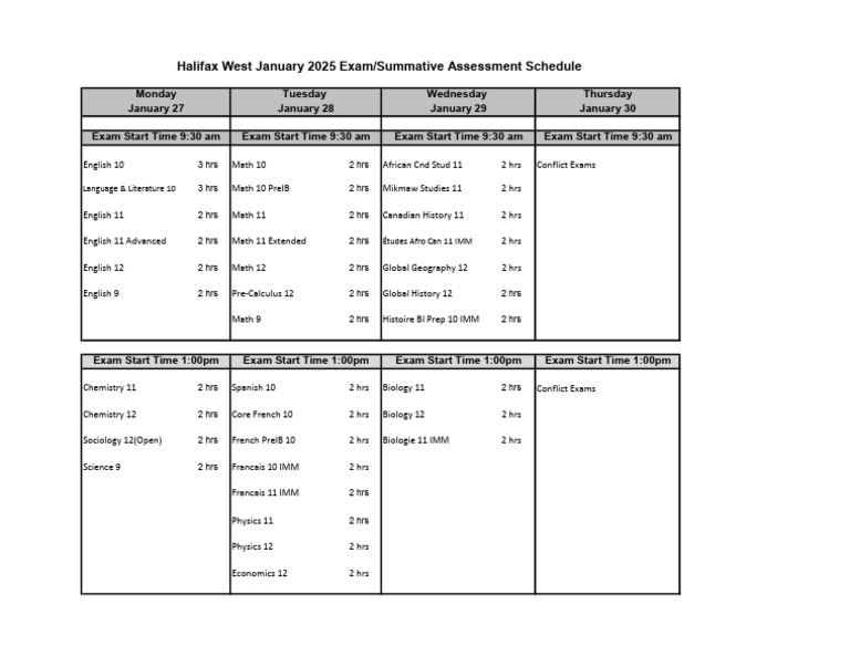 Halifax West Exam Schedule January 2025 | PDF